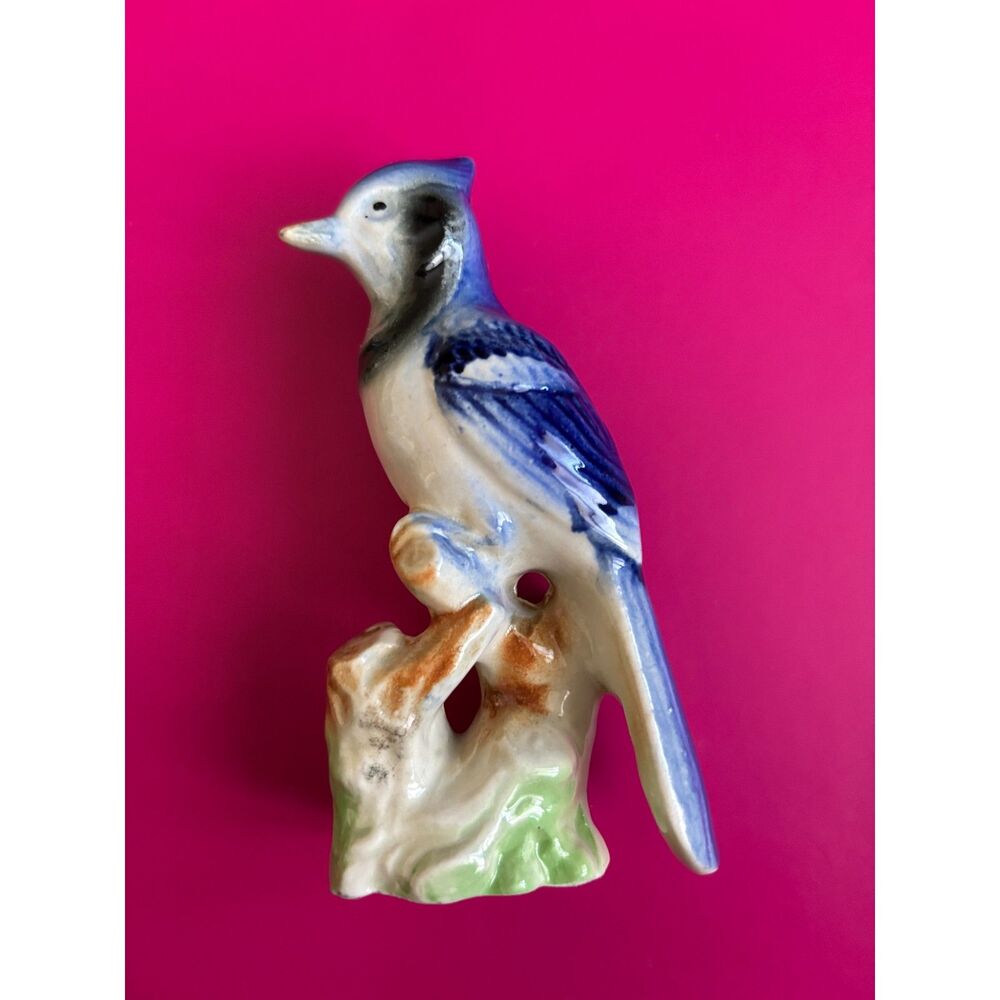 Vintage Porcelain 5" H Blue Jay Bird Figurine Japan Collectible Wildlife